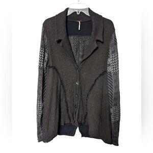 Free People Charcoal Brown Patchwork Sleeve Raw Hem Boho Cardigan Sweater Large